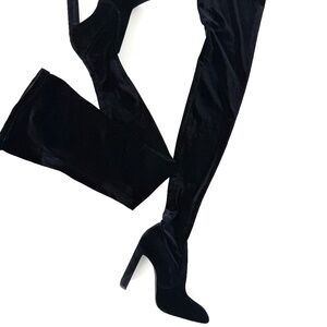 Authentic Saint Laurent Auteuil Black Stretch Velvet Sock Thigh High Heel Boots